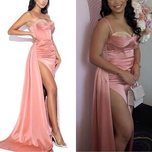 Miss Circle Gown Maxi Dress Vanity Pink Satin Corset Rhinestone Draping size XS